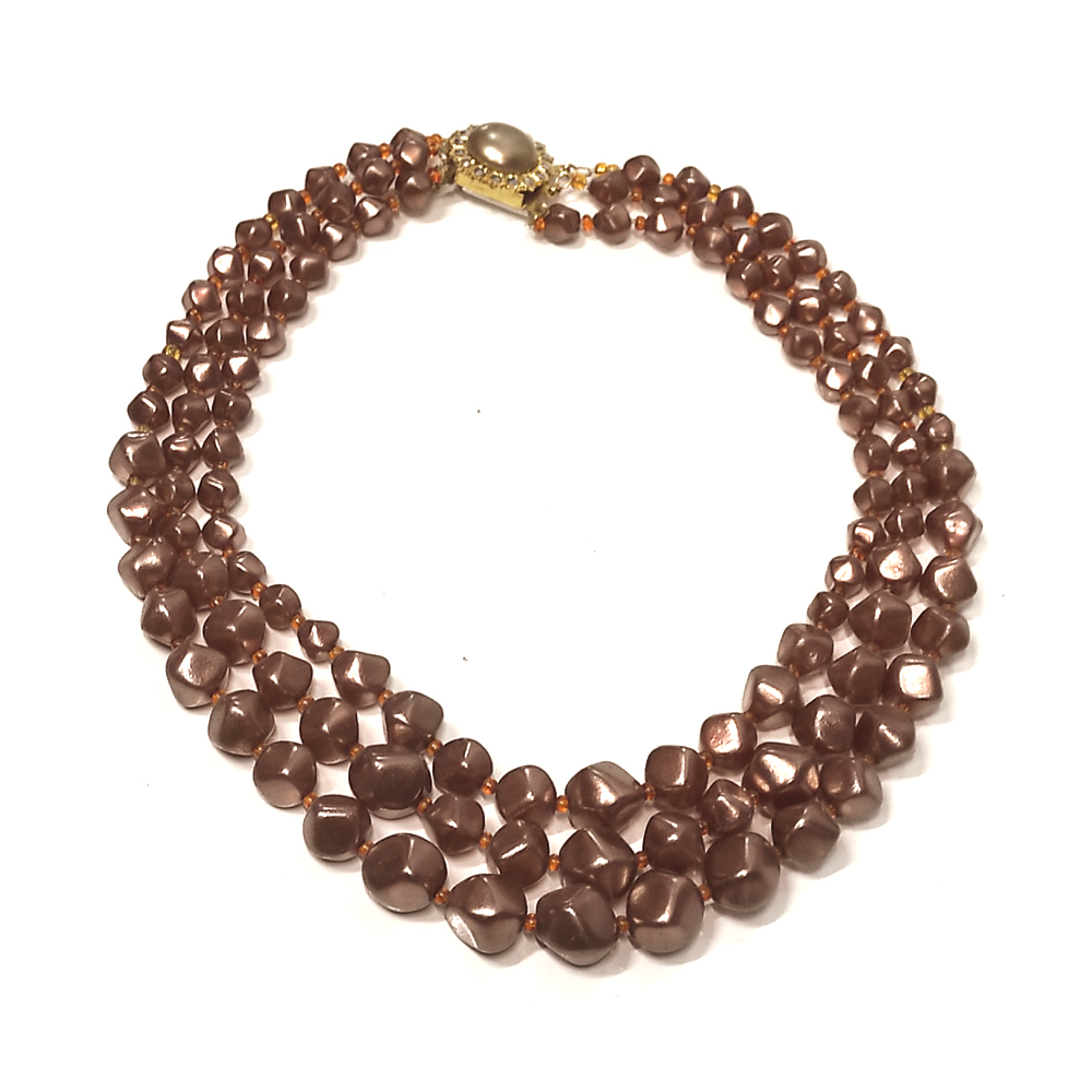 Vintage 1950s Bohemian Three Strand Pinkish/Amber Colored Beaded Necklace. 