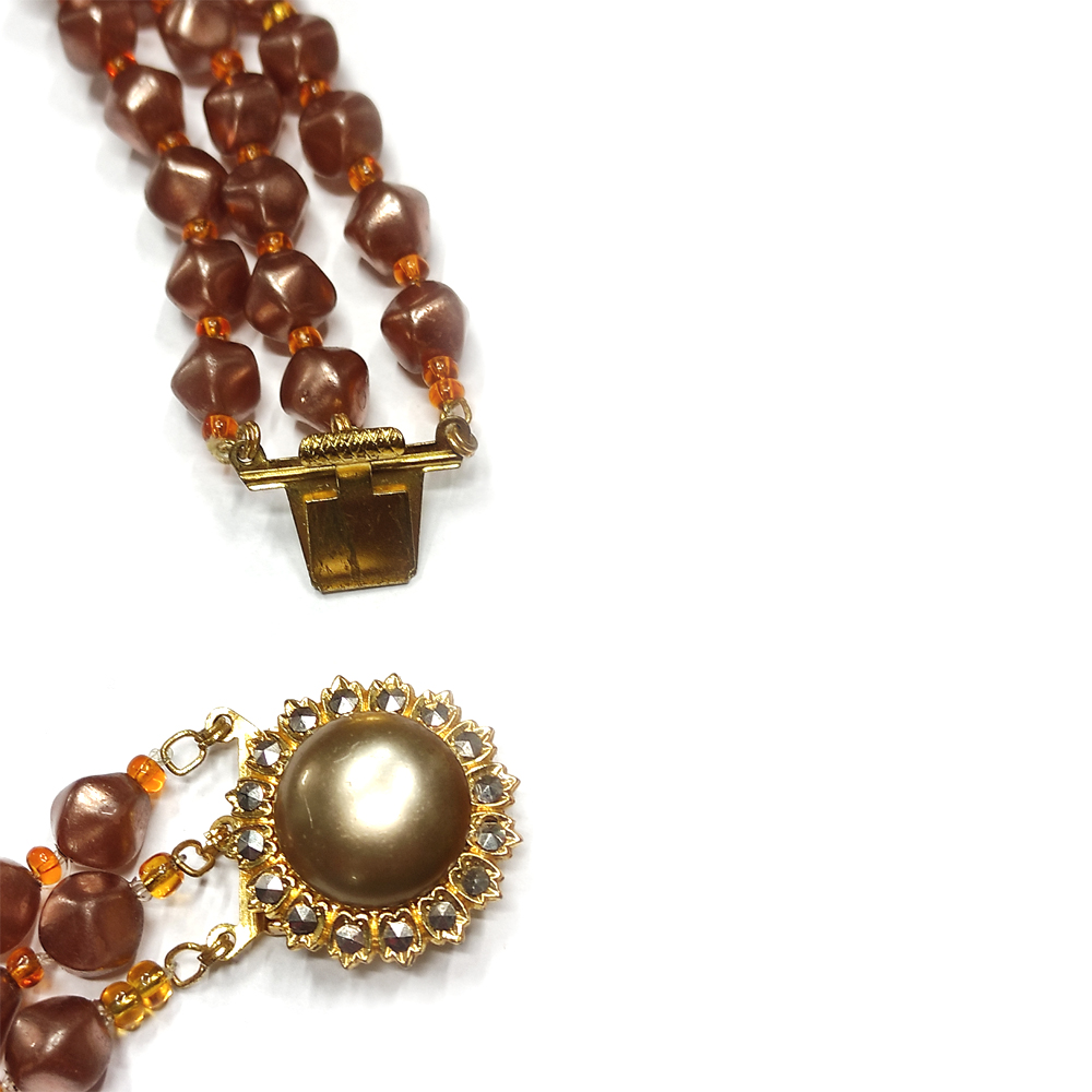 Vintage 1950s Bohemian Three Strand Pinkish/Amber Colored Beaded Necklace.  - Image 3